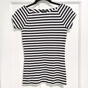 Ralph Lauren Navy Blue & White Nautical Stripe Boatneck Short Sleeve Top